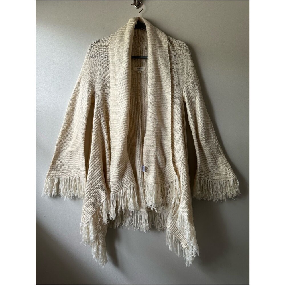 Umgee Cozy Boho Lagenlook Cream Fringe Open-Front Kimono Sweater Size S Coastal